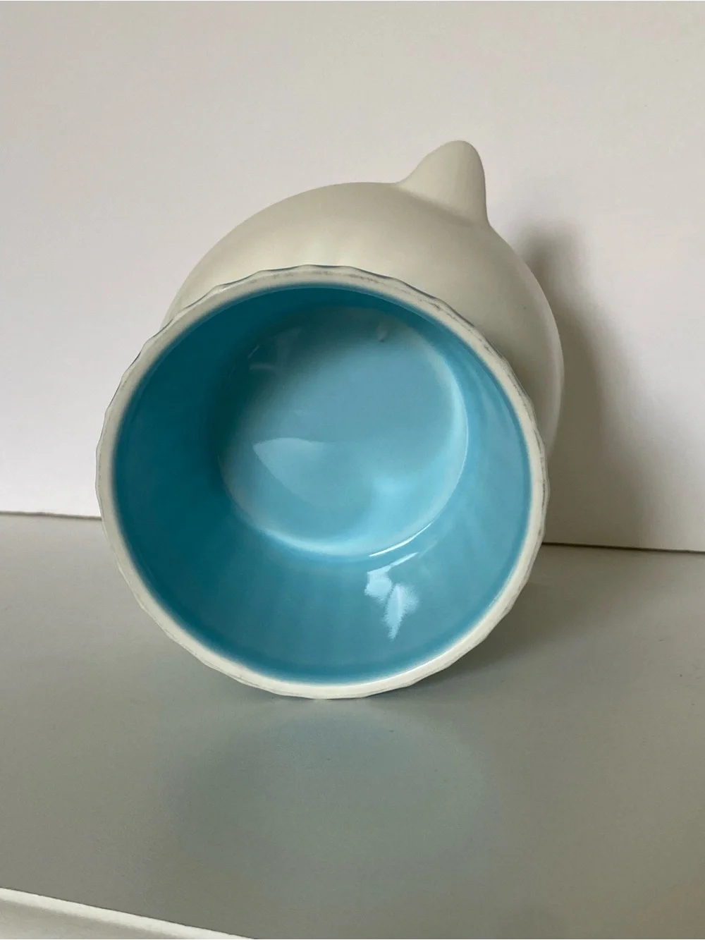 Raised Cat Food Bowl Pedestal Face Ears White Aqua Porcelain Water Dish Ceramic